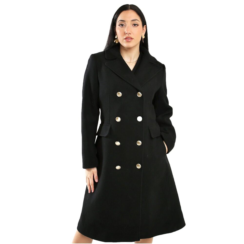 Vince Camuto Women's Double-Breasted Wool Coat with Faux Collar, Black, Size XL